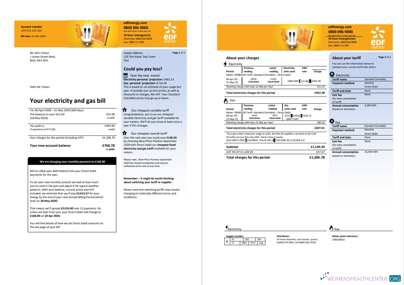 download United Kingdom EDF utility bill template in Word and PDF format (3 pages) 1 2 PDF template